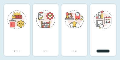 Benefits of MRP II onboarding mobile app screen. Manufacture. Walkthrough 4 steps editable graphic instructions with linear concepts. UI, UX, GUI template vector