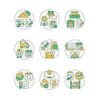 Material resource planning multi color concept icons. Production inventory and supplies. Industrial management. Icon pack. Round shape illustrations for brochure. Abstract idea vector