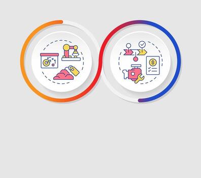 mrp infografia círculos secuencia. fabricar tecnología mejora. industrial inventario. visualización diseño con 2 pasos. informacion gráfico lazo proceso presentación vector