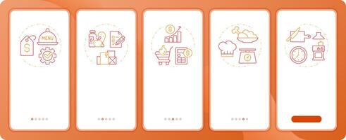 Restaurant management app onboarding screens. Business. Duo tone illustration. UI design flow. 5 steps walkthrough mobile interface slide layout vector