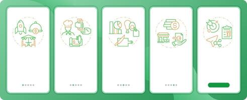 Restaurant operational costs app onboarding screens. Duo tone illustration. UI design flow. 5 steps walkthrough mobile interface slide layout vector