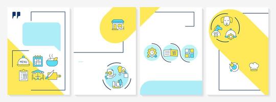 Menu engineering blue and yellow brochure template. Restaurant customers service. Kitchen workflow. Leaflet design with linear icons. Editable 4 layouts vector
