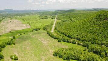 Drone view of a landscape with green forests and fields on a beautiful sunny day video