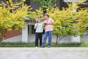 Senior man and woman travels in city, Happy Asian senior couple traveler enjoying trip and vacation in downtown photo
