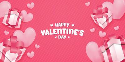 Valentines day banner background with gift box and heart shape balloons background vector