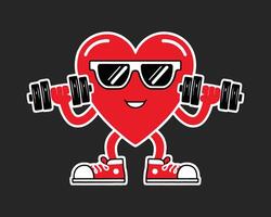 Heart character wearing sunglasses and lifting dumbbells. Strong heart lifting weight. vector