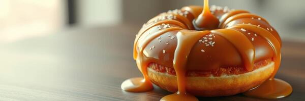 Delicious caramel glazed donut with toppings resting on a wooden table in a cozy cafe setting photo