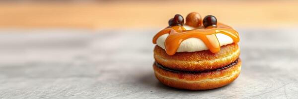 Delicious dessert showcasing layers of pastry, cream, and caramel drizzled on top photo