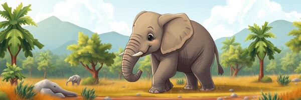 Cute elephant walking through a sunny savanna landscape surrounded by green trees and mountains photo