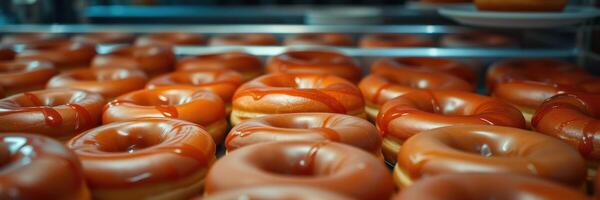 Delicious assortment of freshly glazed donuts ready for sale in a bakery display case photo