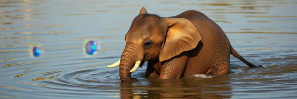 Young elephant splashes playfully in shallow water while colorful bubbles float nearby in a serene setting photo