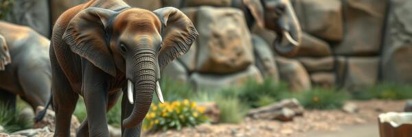 Elephants explore their habitat in a natural setting at a wildlife sanctuary during a sunny afternoon photo