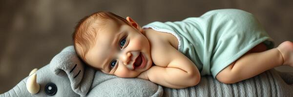Baby resting happily on a soft elephant toy in a cozy setting photo