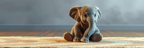Cute baby elephant sitting on a rug in a cozy indoor setting while looking curiously at its surroundings photo