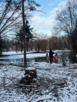 Family enjoying winter walk near a snowy pond in serene park setting photo