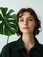 Young woman posing with monstera plants, showing natural beauty and sustainable lifestyle photo
