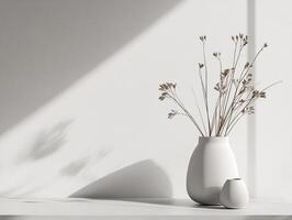 Sunlight illuminating minimalist interior with decorative vase and white stone photo