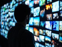 Man watching streaming platform content on smart tv at home photo
