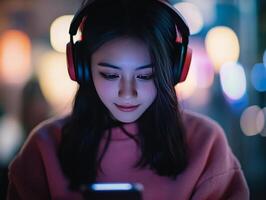 Young woman wearing headphones using smartphone in a blurred background at night photo