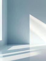 Empty room with sunlight creating light and shadows on glossy floor photo