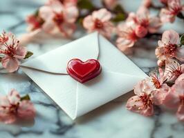 White envelope with red heart seal and cherry blossoms framing photo