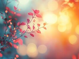 Red leaves glowing in warm sunset light with bokeh effect photo