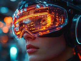 Cyberpunk woman using virtual reality glasses with hud interface, exploring cyberspace photo