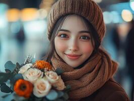 Smiling young woman holding bouquet of flowers in autumn or winter clothing photo