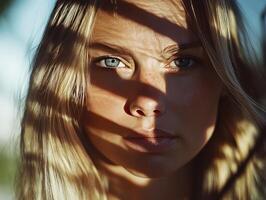 Beautiful blonde model posing behind tropical plant photo