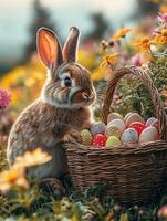Cute easter bunny holding basket with colorful eggs in blooming meadow photo