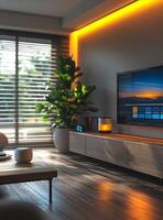 Smart speaker illuminating contemporary living room with warm ambient lighting photo