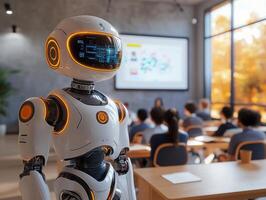 Humanoid robot teaching students in modern classroom photo