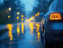 Car tail light reflecting on wet asphalt at dusk photo
