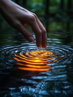 Hand touching water surface creating golden ripples in a forest pond photo