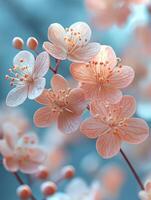 Delicate pink flowers blooming on branch, photo