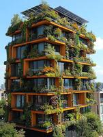 Modern green building showing sustainable architecture with solar panels and plants photo