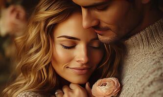 Romantic couple embracing with eyes closed and flower photo