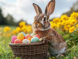 Cute easter bunny holding basket with eggs in blooming meadow photo