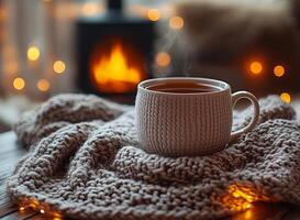 Steaming tea warming by fireplace on cozy knitted blanket photo