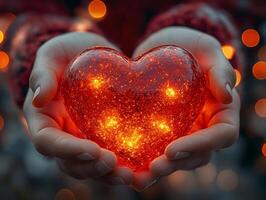 Woman holding glowing red heart in hands, showing love and affection photo