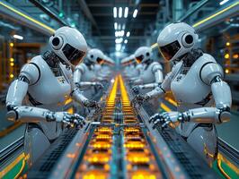 Robots working on assembly line in modern factory photo