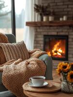 Cozy living room with knitted blanket, fireplace, and tea cup enjoying autumn atmosphere photo