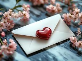 White envelope with red heart seal and cherry blossoms framing it on marble surface photo