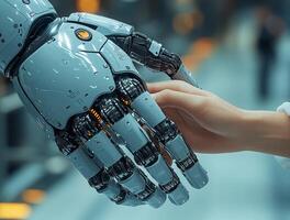 Robotic hand shaking human hand in technological environment photo