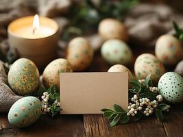 Burning candle illuminating easter eggs and blank card on rustic wood photo