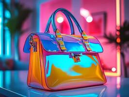 Holographic iridescent handbag shining on table in neon room photo