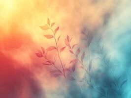 Branches with leaves emerging from a colorful abstract background photo