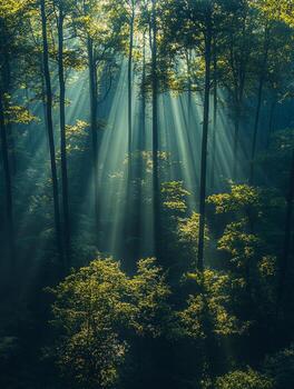 Sunbeams lighting spruce tree in misty forest photo