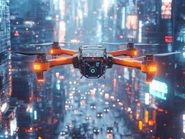 Modern drone flying over futuristic city in the rain photo