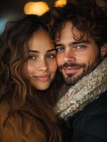 Young couple embracing at night in urban setting photo